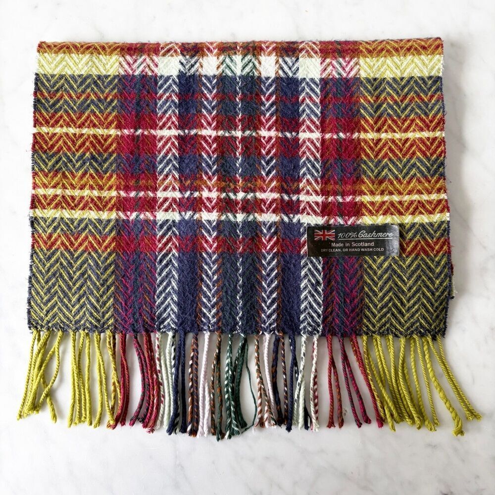 Vintage Cashmere Scarf Made in Scotland Plaid Tartan Magenta Blue Yellow-Green